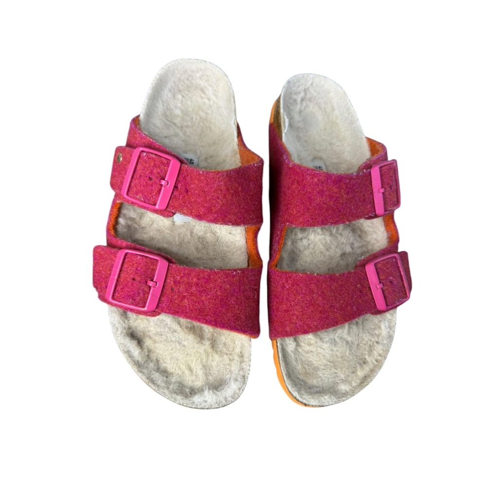 Birkenstock Arizona Shearling Pink Wool Felt Sandals Orange Sole Narrow 40 L9 M7 - Picture 2 of 10